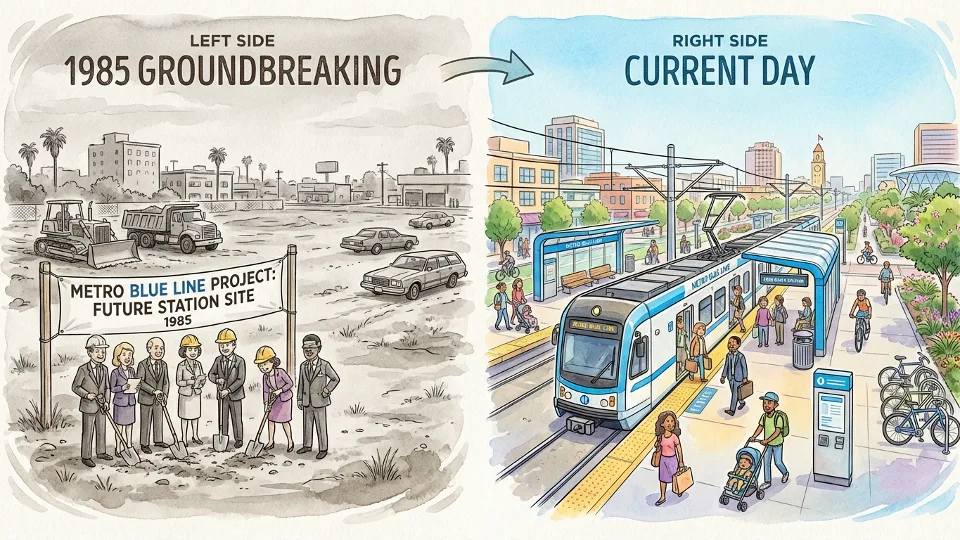 Side-by-side comparison showing archival black-and-white photo of 1985 Long Beach groundbreaking site next to current-day photo of the same location with operating Blue Line station
