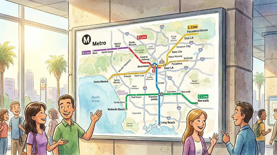 Wide-angle view of Metro rail system map display at a station showing all six current rail lines connecting across Greater Los Angeles region
