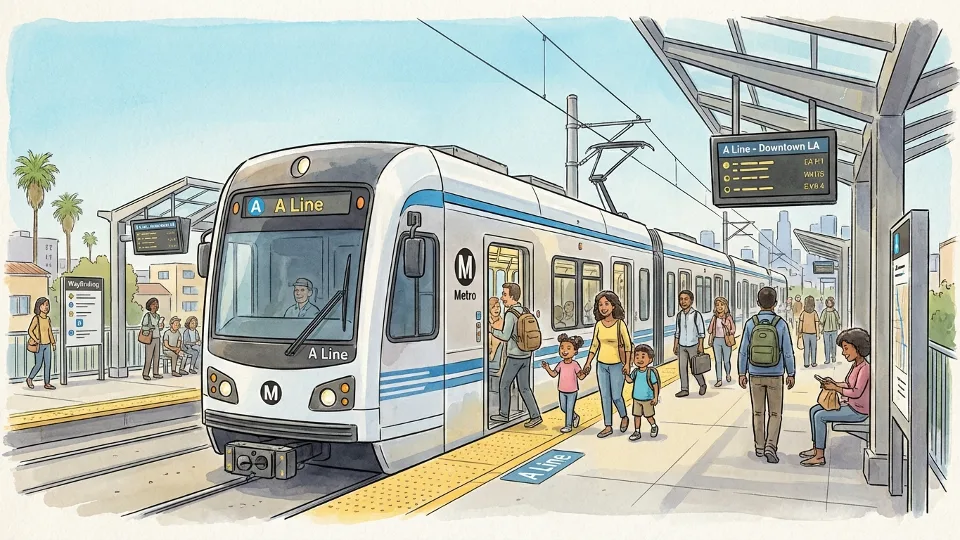 Modern Metro Blue Line (A Line) train at a station platform with passengers boarding, showing contemporary light rail vehicle in Metro's current livery