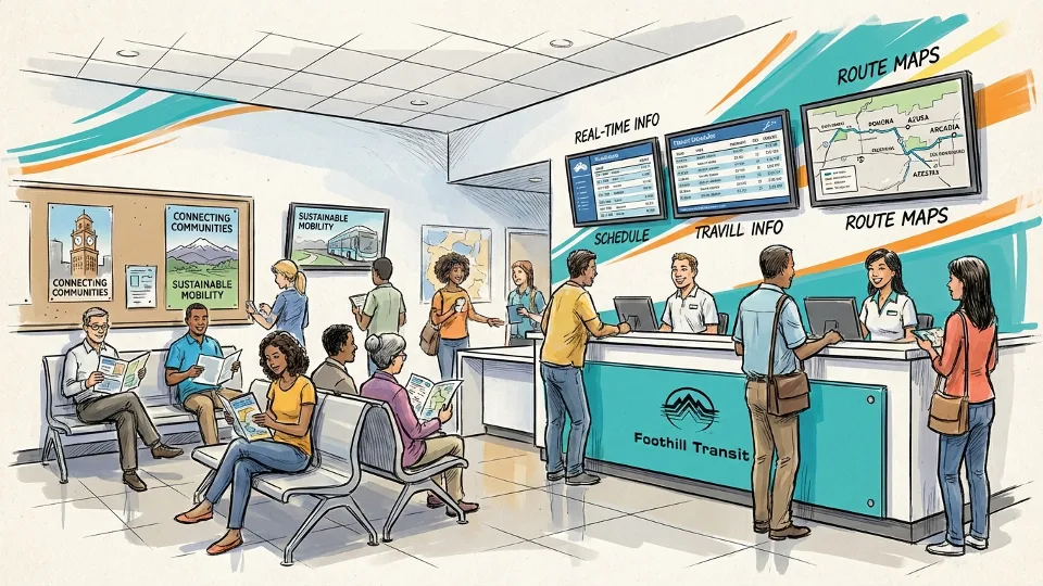 Interior of Foothill Transit customer service center with schedule information displays