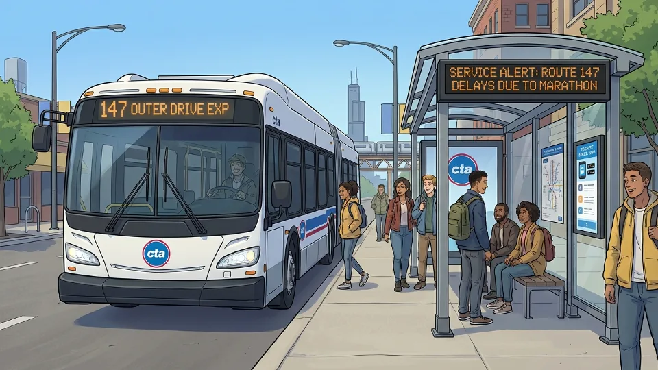 CTA bus at street-level stop with service alert signage visible