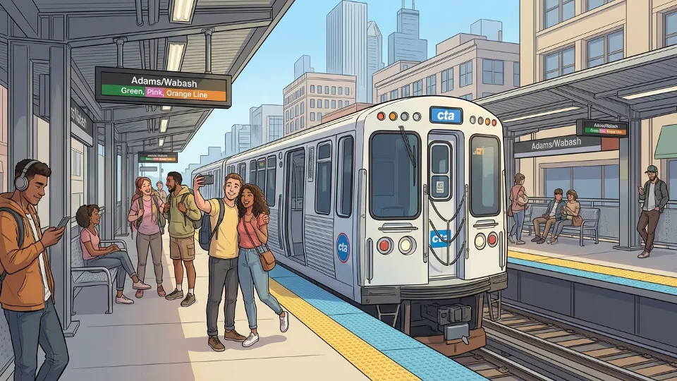 CTA train at downtown Chicago station platform with weekend riders waiting