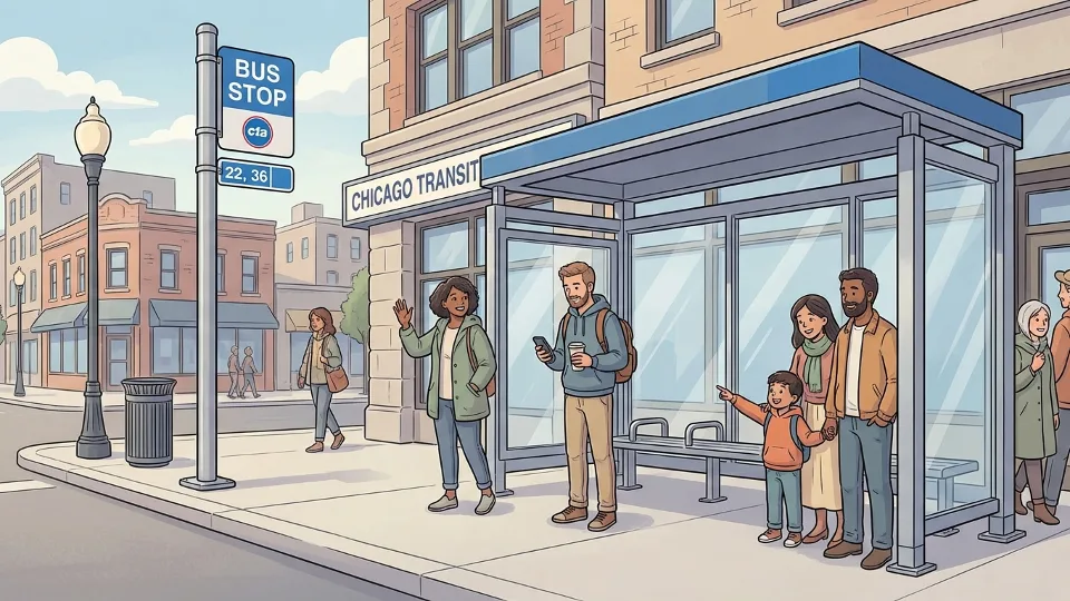 CTA bus stop sign and shelter on Chicago city street