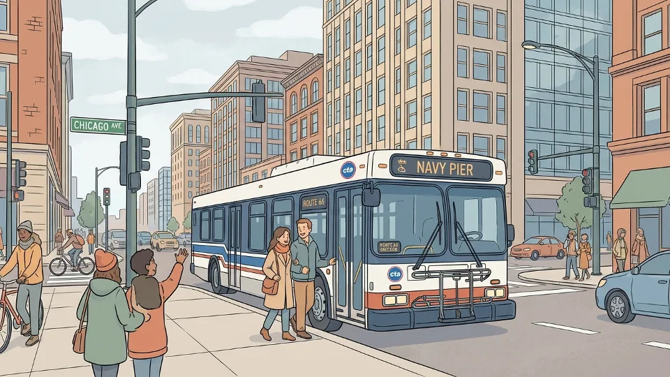 CTA bus on Chicago Avenue in downtown Chicago with urban streetscape