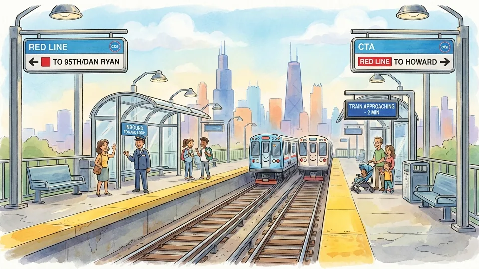 CTA station platform with directional signage and track configuration