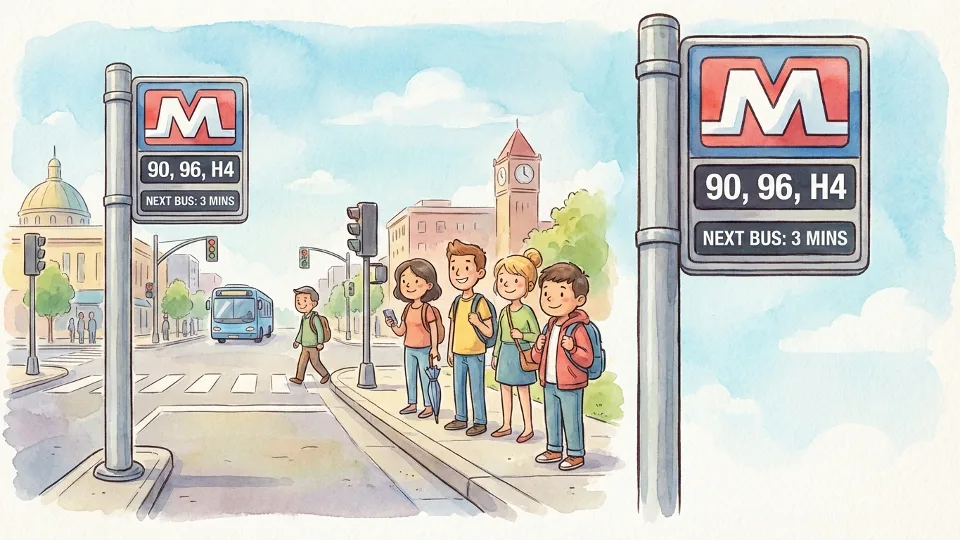 Bus stop sign with WMATA logo and route information at urban intersection