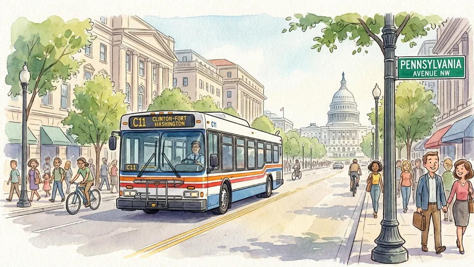 WMATA C11 bus on street in Washington DC with Pennsylvania Avenue street sign visible