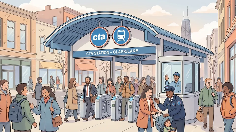 CTA rail station entrance with transit workers and commuters