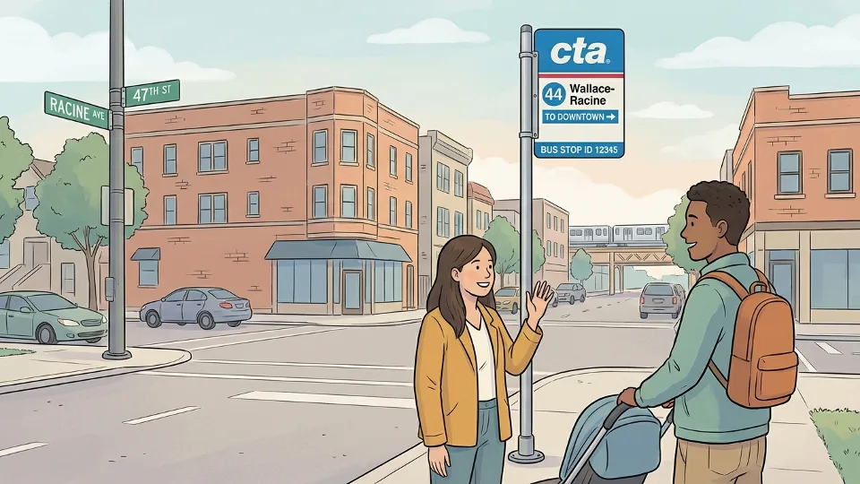 CTA bus stop sign showing Route 44 Wallace-Racine with street intersection in background