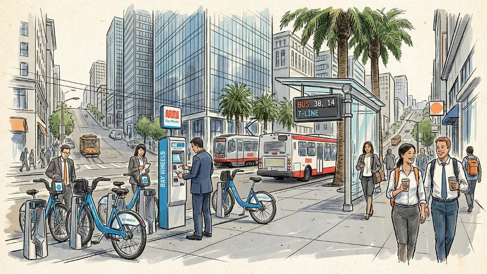 {"description": "Bike share station and transit stop in San Francisco business district", "alt_text": "San Francisco bike share transit stop employee commute alternative transportation business", "composition": "Wide shot showing multiple commute options including bike sharing and public transit infrastructure in urban setting"}