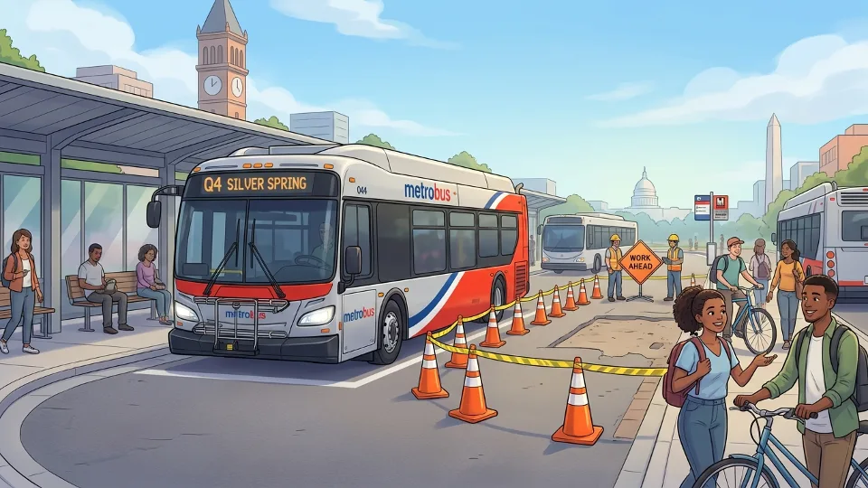 WMATA Metrobus at transit center with orange construction cones and closed bus loop area visible in background