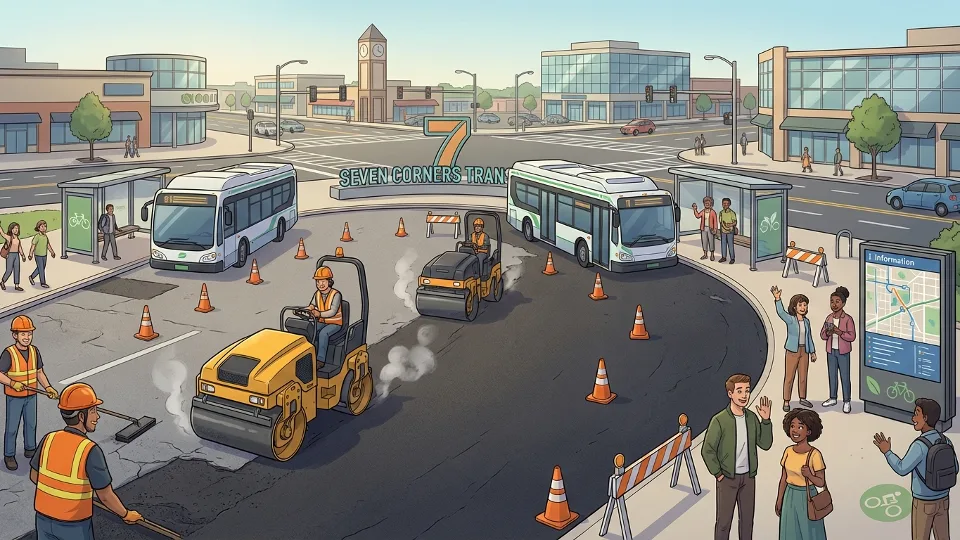 Seven Corners Transit Center bus loop with repair equipment and workers resurfacing pavement