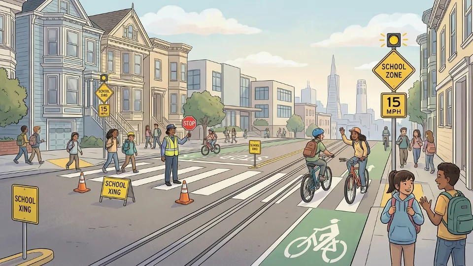 Students walking and biking on a San Francisco street near a school with crosswalk and safety signage visible