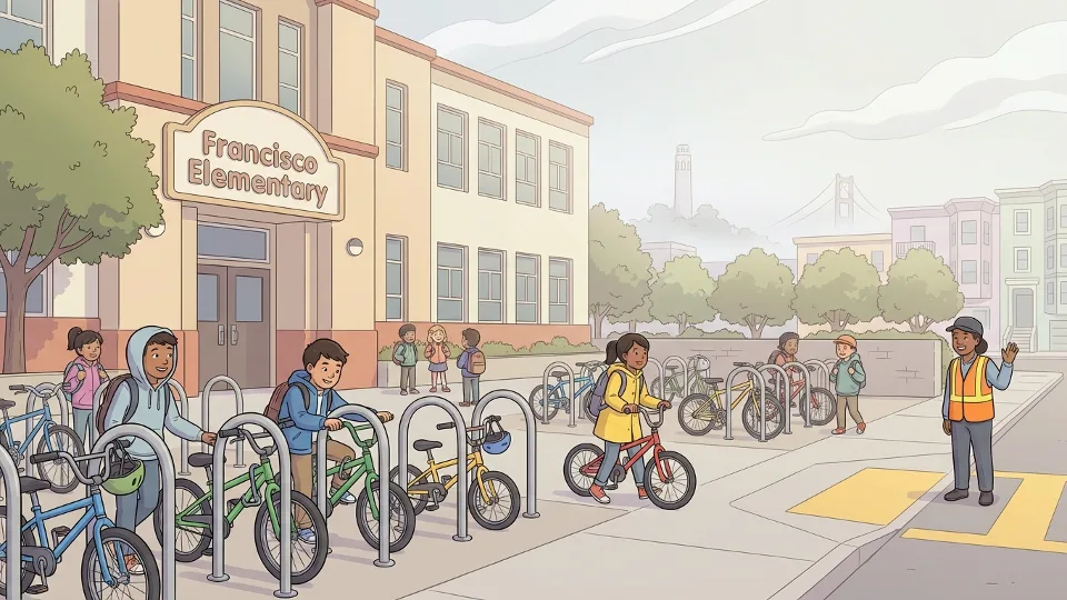 Children with backpacks and bicycles at a San Francisco school entrance with bike racks
