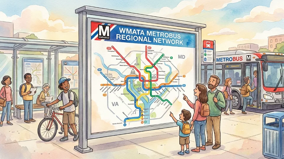 WMATA Metrobus route map display at transit station showing regional bus network