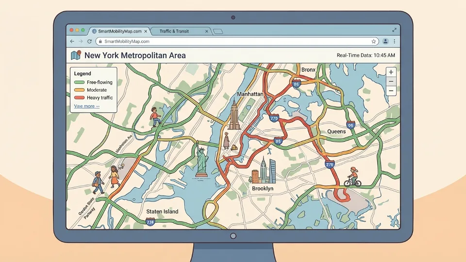 Computer screen displaying traffic map website with real-time road condition data for New York metropolitan area