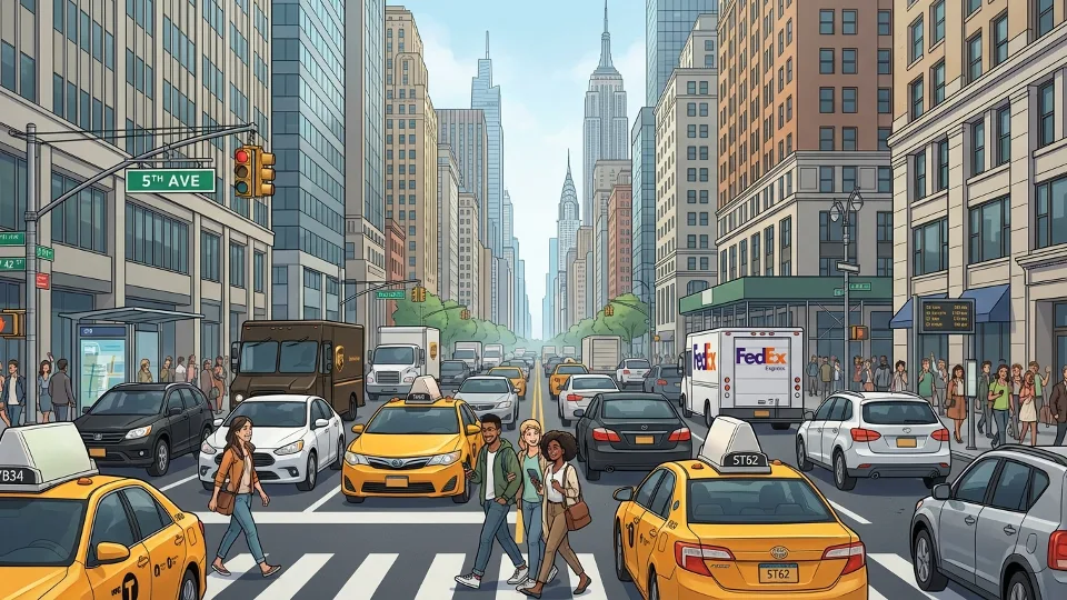 Manhattan street scene showing mix of passenger cars, delivery trucks, and yellow taxis in Midtown traffic with tall buildings in background