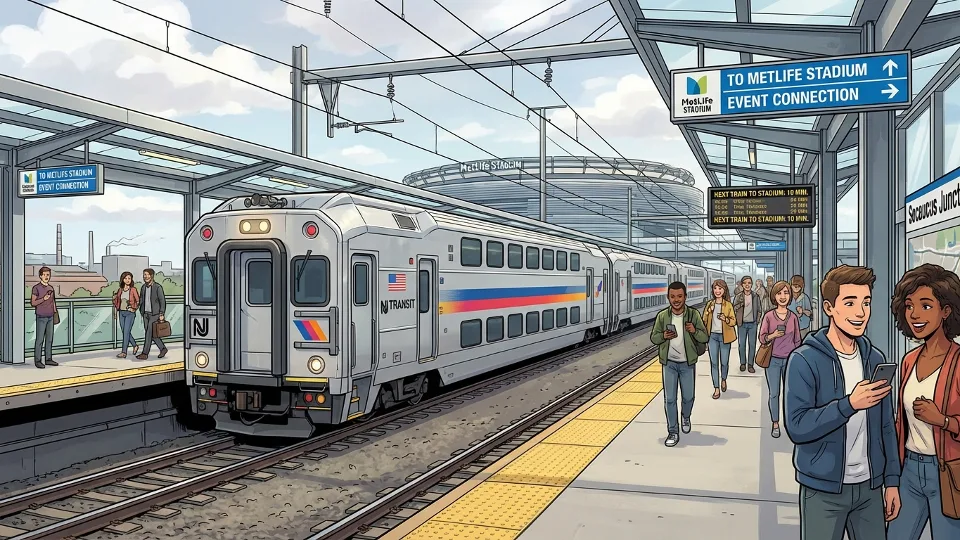 NJ TRANSIT train at Secaucus Junction station platform with MetLife Stadium signage visible