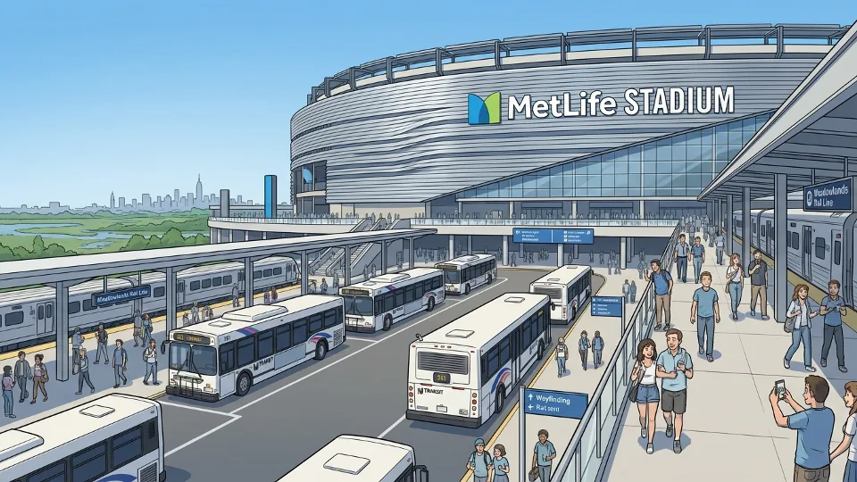 MetLife Stadium exterior with transit buses and rail station access