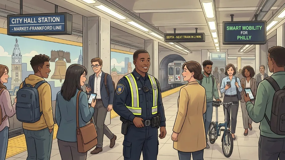 SEPTA transit police officer on patrol at busy Philadelphia subway station platform with riders in background