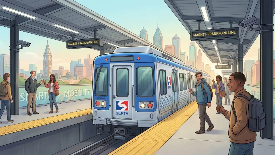 SEPTA Market-Frankford Line train arriving at station with security cameras visible on platform