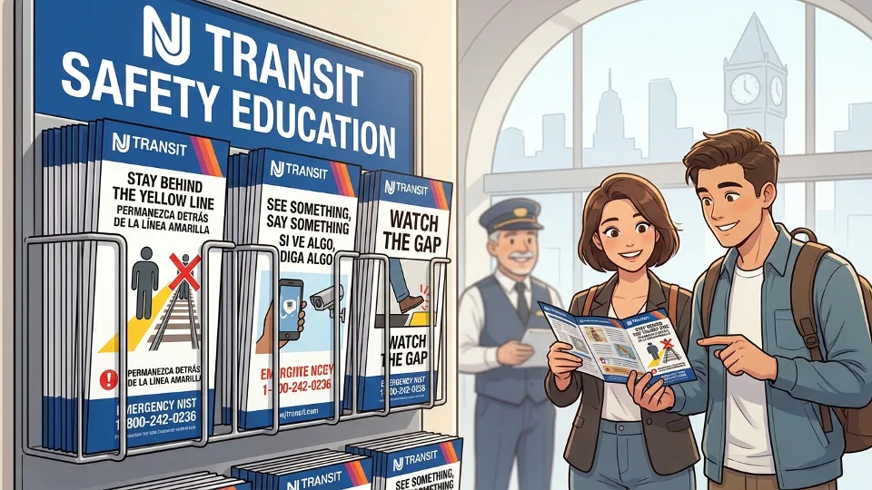 NJ TRANSIT safety education materials and informational brochures displayed at station. Alt text: NJ TRANSIT safety information materials for rail passengers. Composition: Close-up of safety brochures and educational materials showing rail safety messaging and graphics.