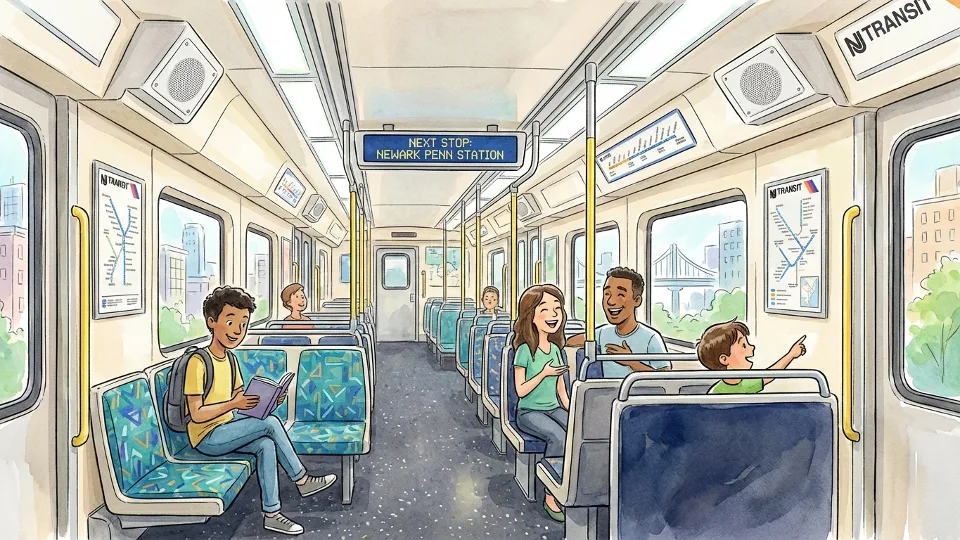 Interior of NJ TRANSIT train car with overhead speakers and passenger seating