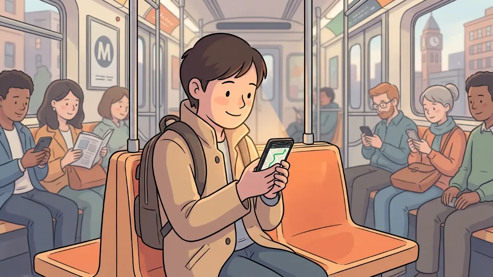 Person using smartphone mobile app on public transit