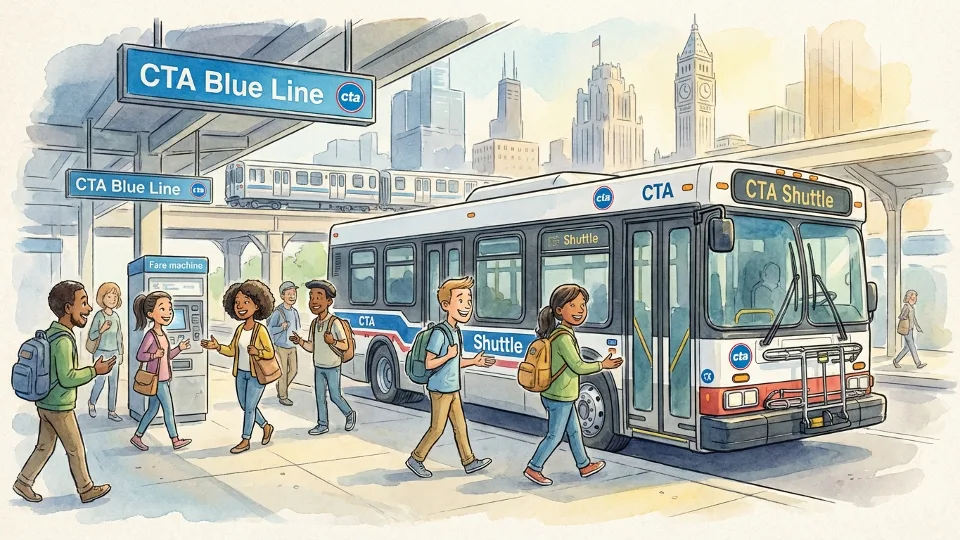 CTA shuttle bus at transit station with Blue Line signage visible