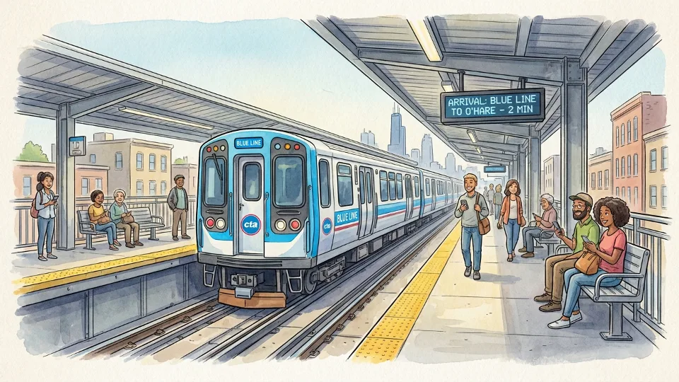 CTA Blue Line train at elevated station platform with passengers waiting