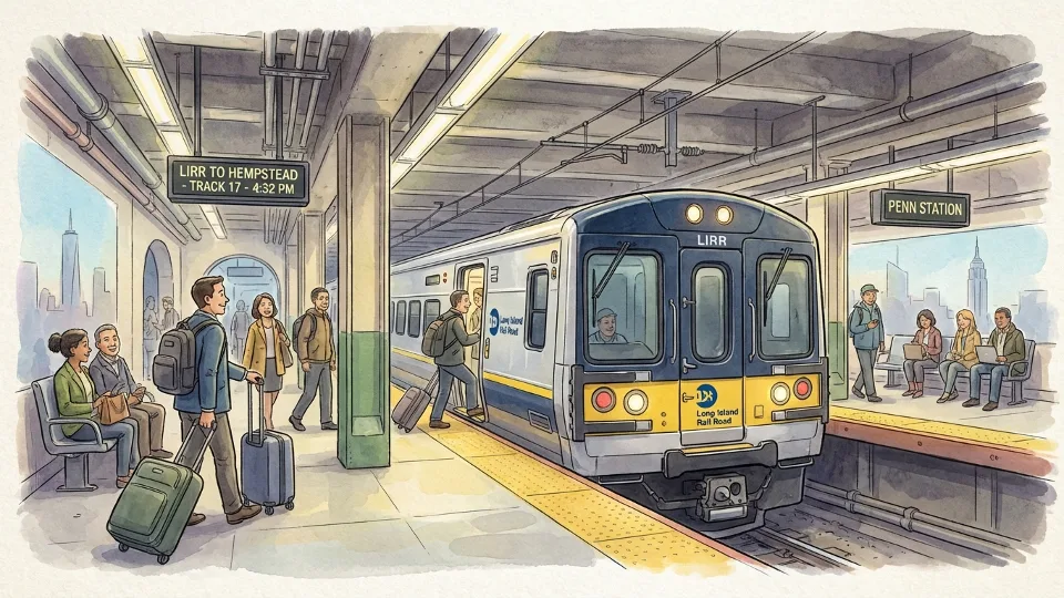 Long Island Rail Road train at Penn Station platform with passengers waiting on platform