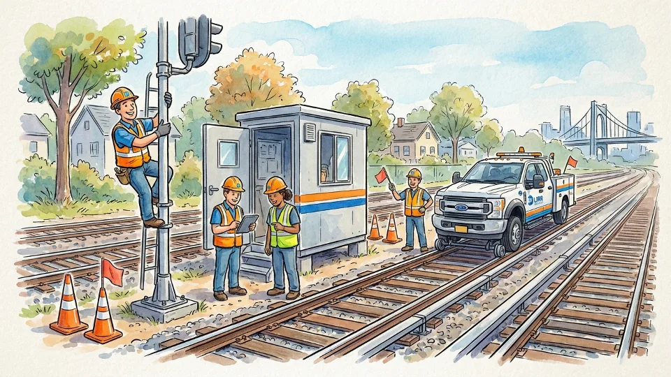 LIRR signal equipment and track infrastructure with maintenance crew working on signal system