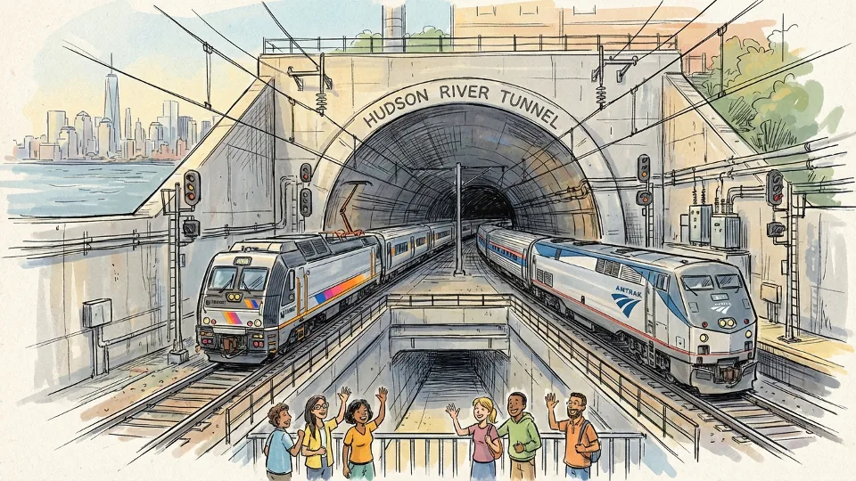 Hudson River rail tunnel entrance with NJ TRANSIT and Amtrak trains approaching Penn Station New York