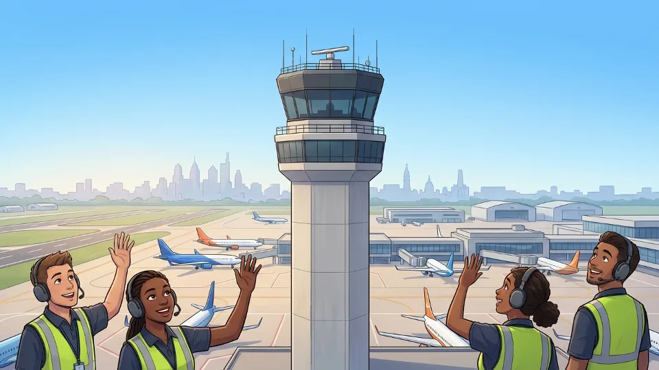 Air traffic control tower at Philadelphia International Airport against clear sky