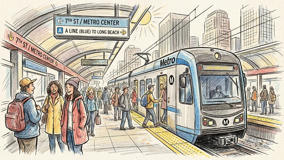 Metro Rail train at downtown Los Angeles station with passengers boarding. Alt text: Los Angeles Metro Rail train downtown station Dodgers parade transit service. Composition: Wide shot showing train at platform with station signage visible, emphasizing accessibility for large crowds.