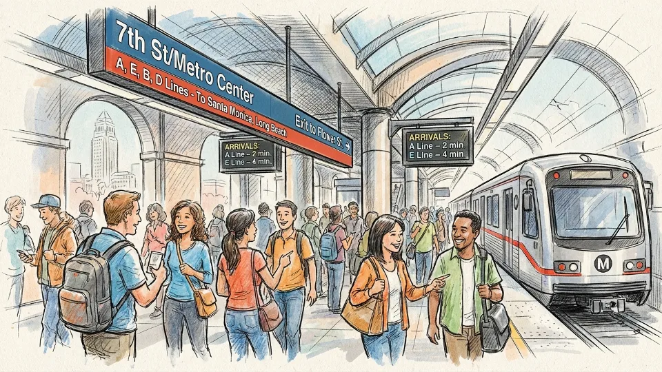 Crowd of transit riders at Metro station platform in downtown Los Angeles. Alt text: Metro riders downtown Los Angeles station special event service. Composition: Platform view showing multiple passengers waiting, with Metro branding and wayfinding signs visible.
