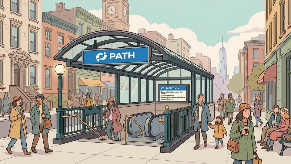 PATH station entrance in Manhattan with signage showing station hours and service information