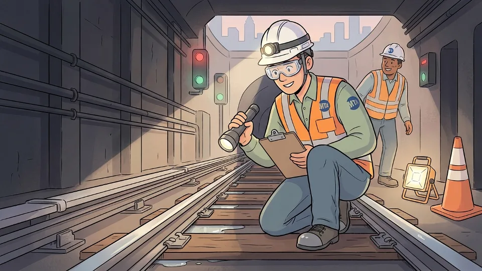 Transit worker performing track maintenance inspection with safety equipment during overnight hours