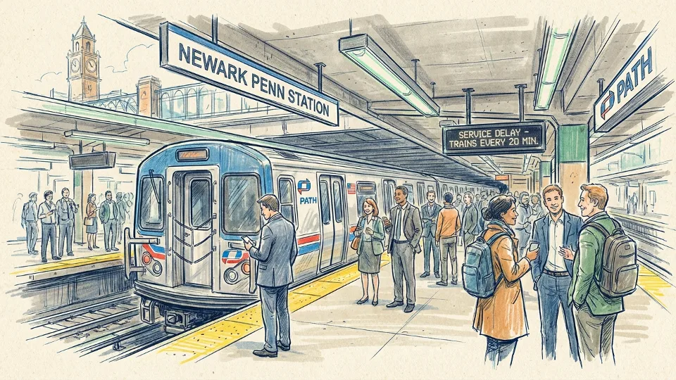 PATH train at Newark Penn Station platform with passengers waiting during service delay