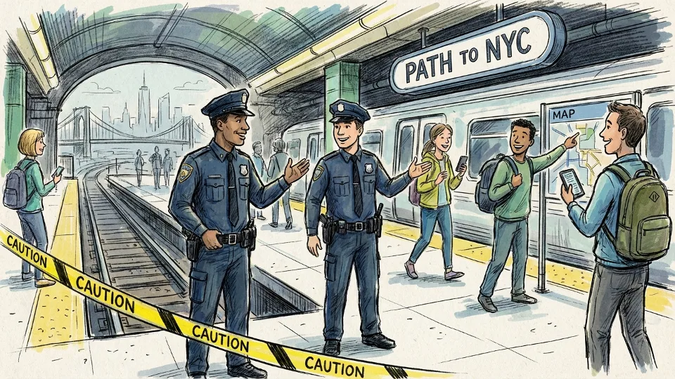 Security personnel conducting inspection at PATH station platform with caution tape visible