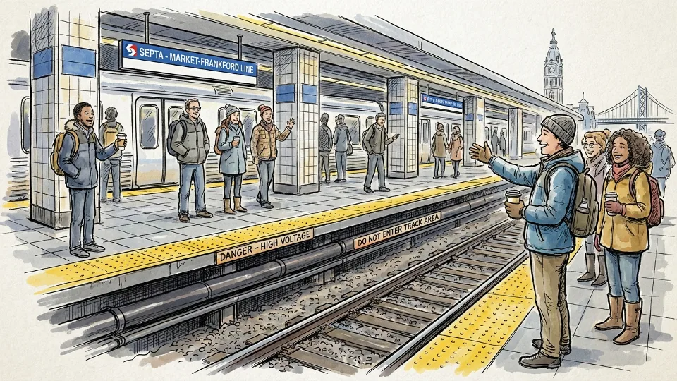 Platform edge and track area at SEPTA rapid transit station showing third rail safety zone