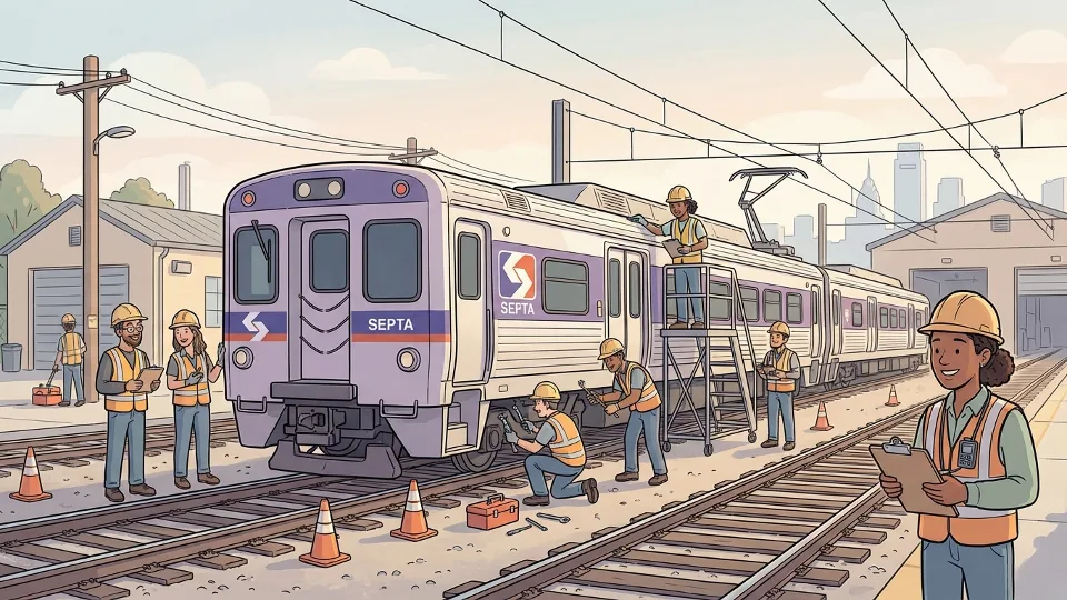 SEPTA railcar undergoing maintenance inspection at rail yard with technicians