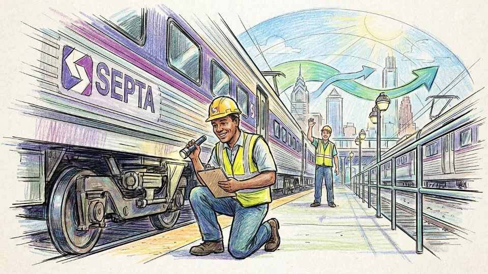 Close-up of SEPTA Regional Rail car undergoing maintenance inspection with technician