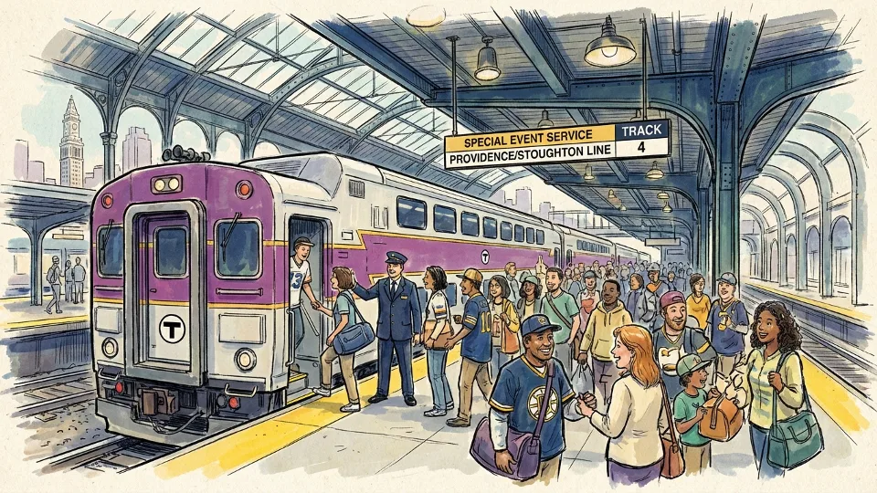 MBTA Commuter Rail train at South Station platform with passengers boarding for special event service