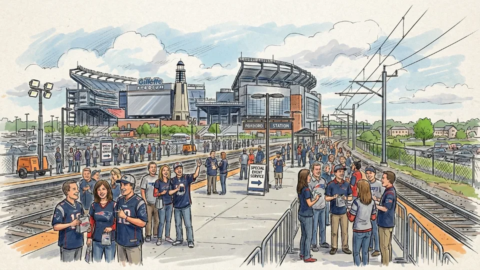 Foxboro Station platform with Gillette Stadium visible in background during special event service