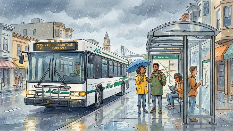 AC Transit bus at covered stop during rainy weather with passengers waiting, East Bay area