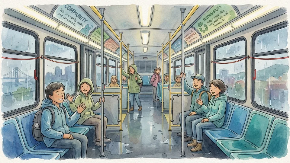 Interior of AC Transit bus showing handrails and seating area with wet floor conditions
