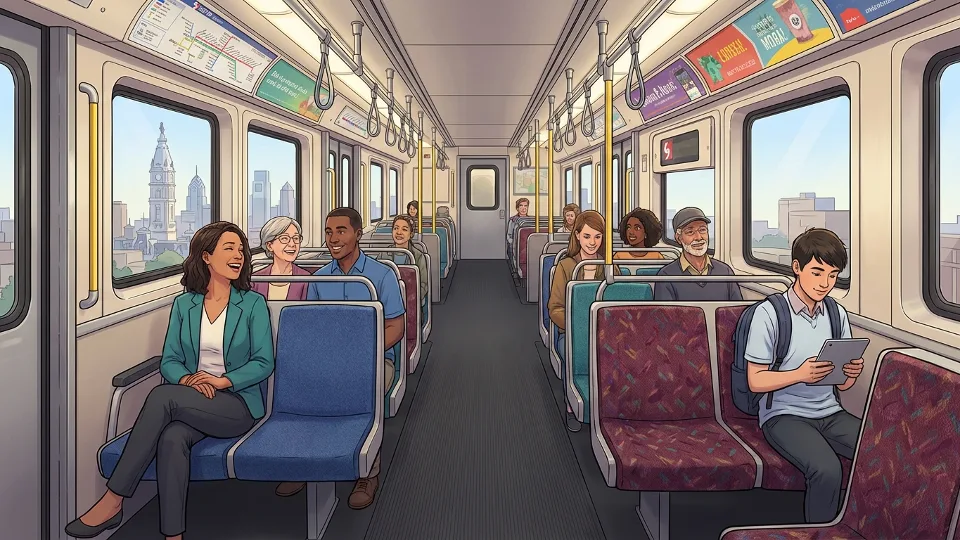 Interior of SEPTA Regional Rail Silverliner IV train car with passenger seating