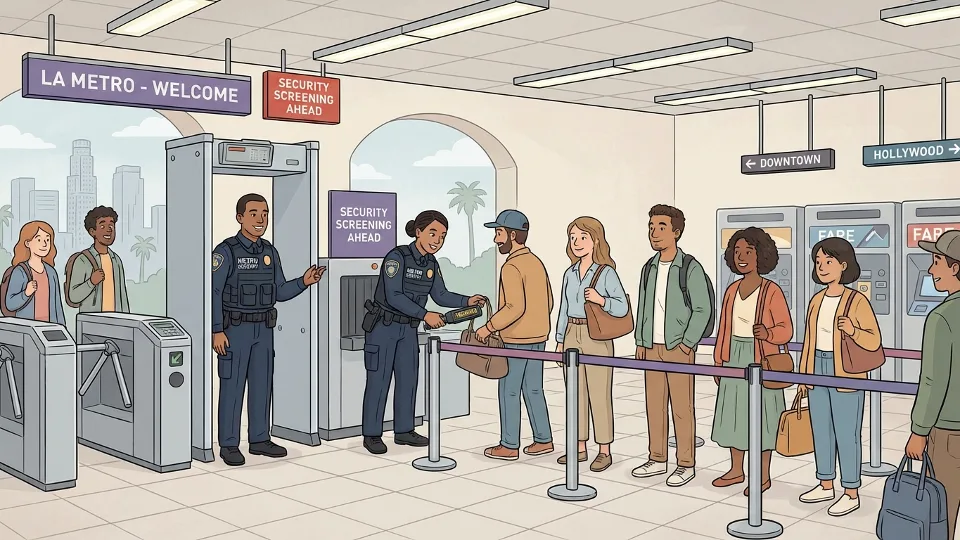Metro security personnel conducting passenger screening at transit station entrance