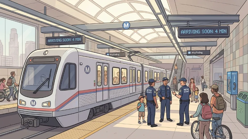 LA Metro train at downtown station platform with security personnel visible in background